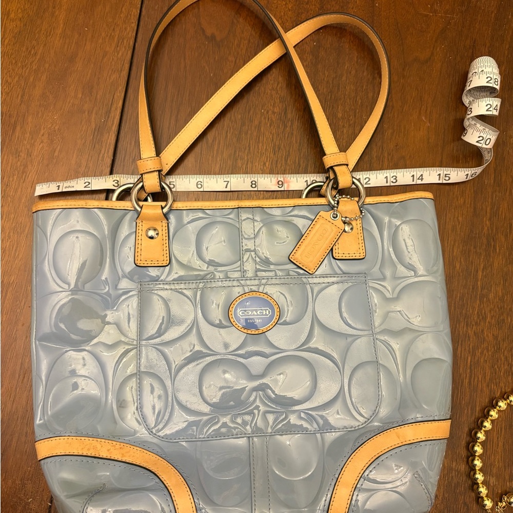 Coach Peyton patent blue and Tan Signature Tote Bag